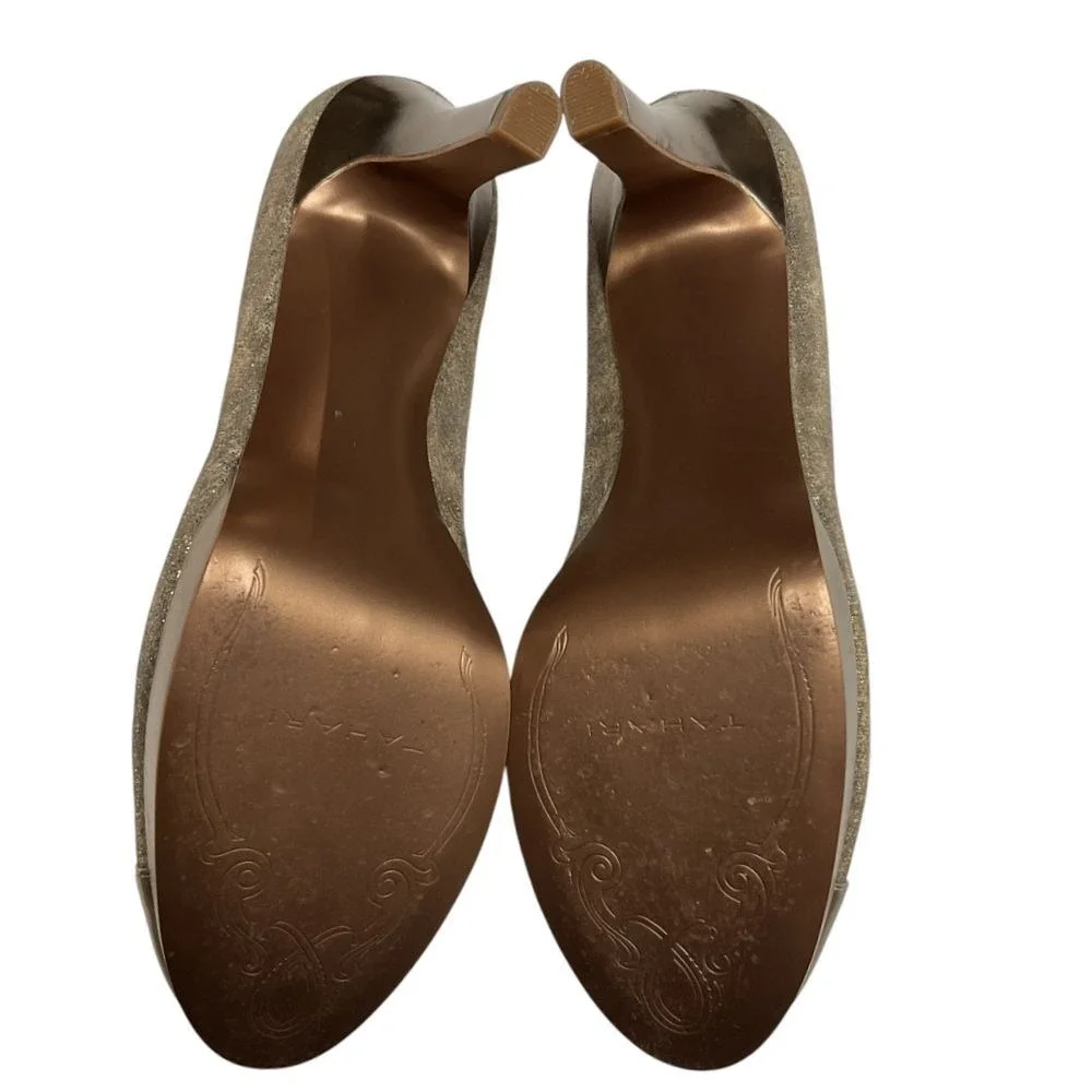 Tahari Women's Laura Gold Cap Toe Leather‎ Platform Pumps Heel Size 8.5M Party